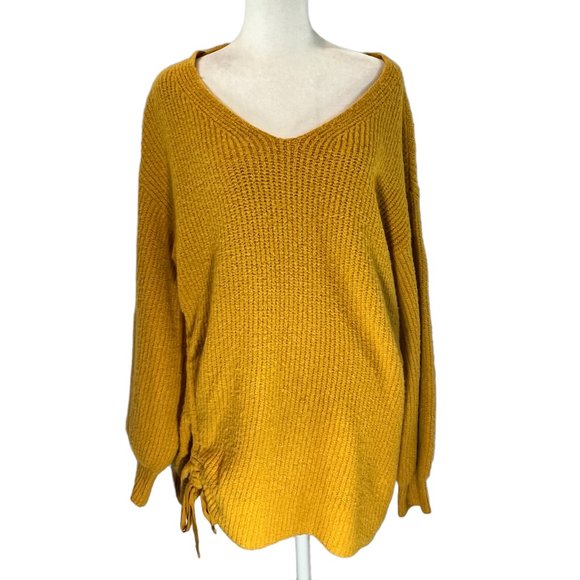 Like new LOU & GREY Mustard Yellow V-Neck Drawstring Side Sweater Size M… - Picture 1 of 9